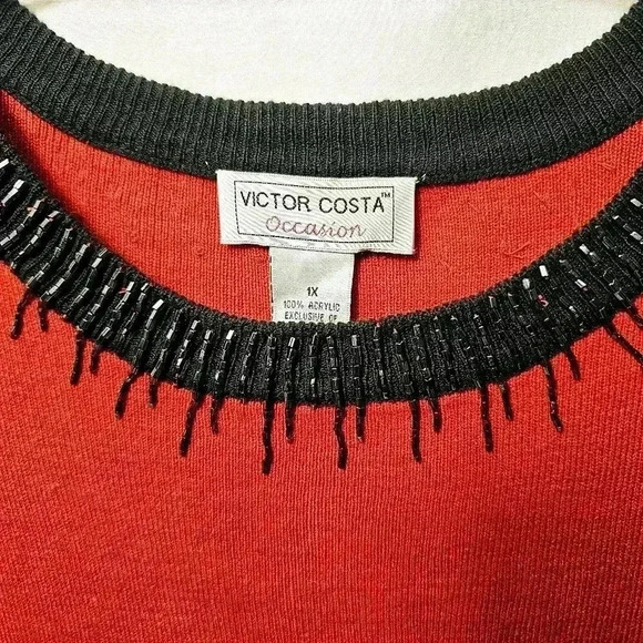 🛑NWT Victor Costa Occasion Womens Red Black Acrylic Beaded Knit Sweater Size 1X - Picture 3 of 6